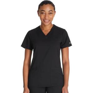 imageDickies Women Scrub Top VNeck with with Rib Knit Panels 2 Pockets and Bungee Loop DK870Black