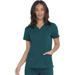 imageDickies Women Scrub Top VNeck with with Rib Knit Panels 2 Pockets and Bungee Loop DK870Caribbean Blue
