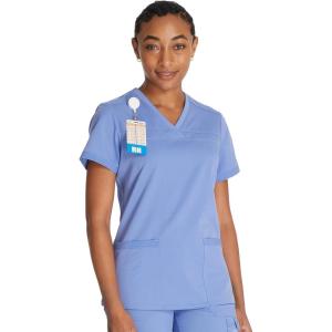 imageDickies Women Scrub Top VNeck with with Rib Knit Panels 2 Pockets and Bungee Loop DK870Ciel