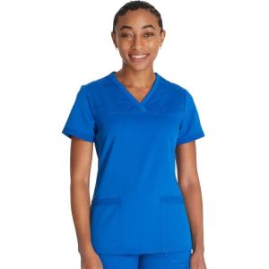 imageDickies Women Scrub Top VNeck with with Rib Knit Panels 2 Pockets and Bungee Loop DK870Royal