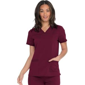 imageDickies Women Scrub Top VNeck with with Rib Knit Panels 2 Pockets and Bungee Loop DK870Wine
