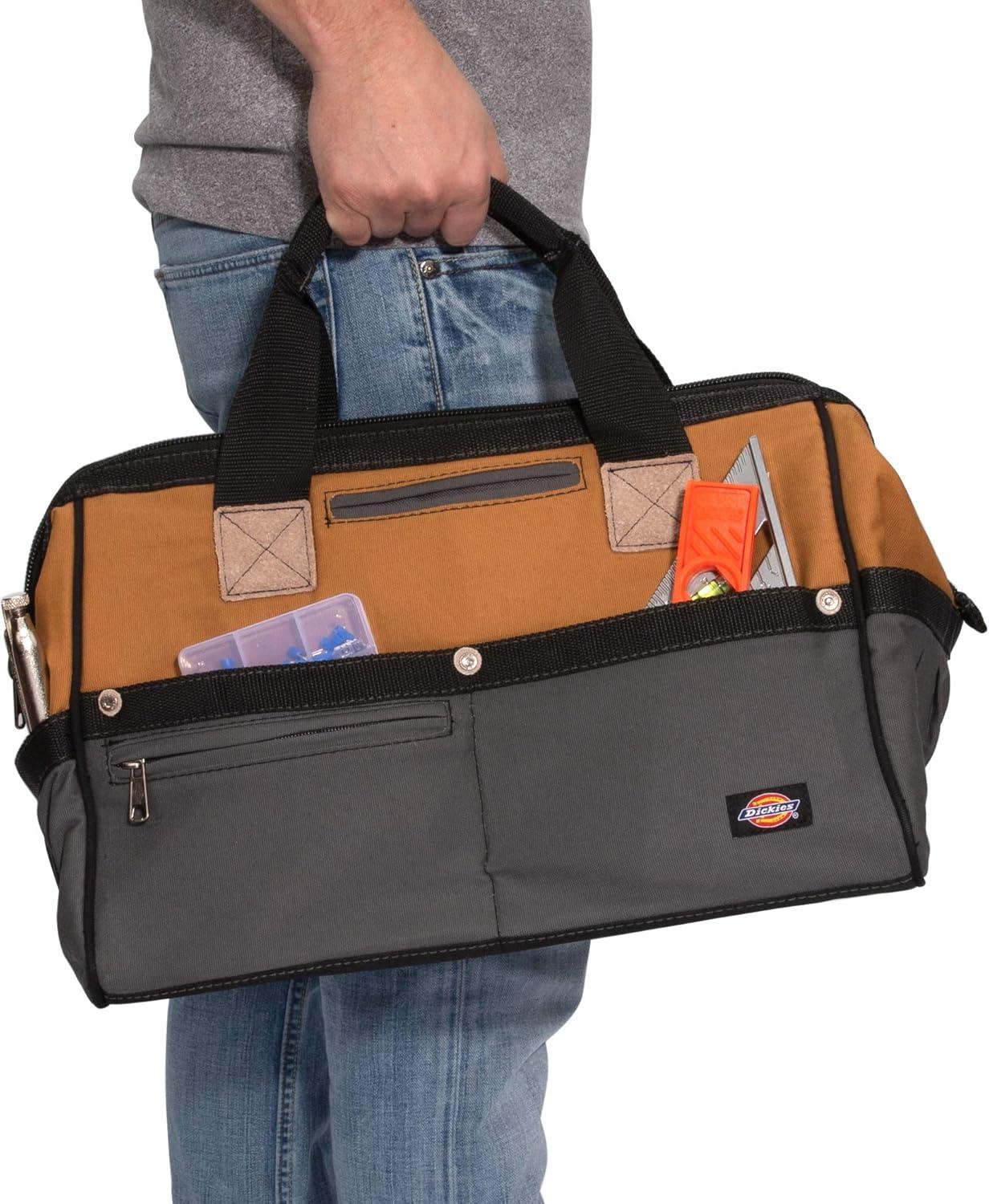 imageDickies 16Inch Durable Canvas Work Bag for Painters Carpenters and Builders HeavyDuty Zipper Reinforced Handles Exterior Pockets BlackTan