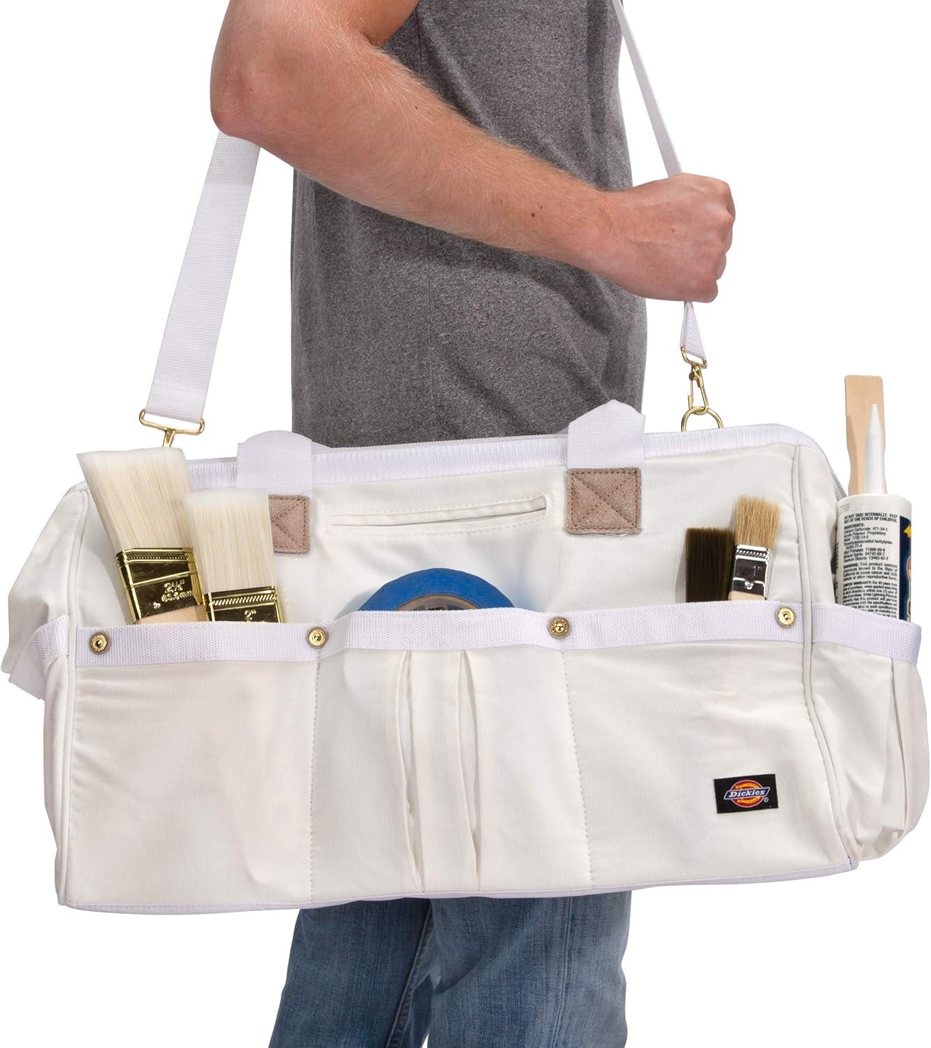 imageDickies 20Inch Durable Canvas Work Bag for Painters Carpenters and Builders HeavyDuty Zipper Reinforced Handles Exterior Pockets Shoulder Strap TanGreyWhite