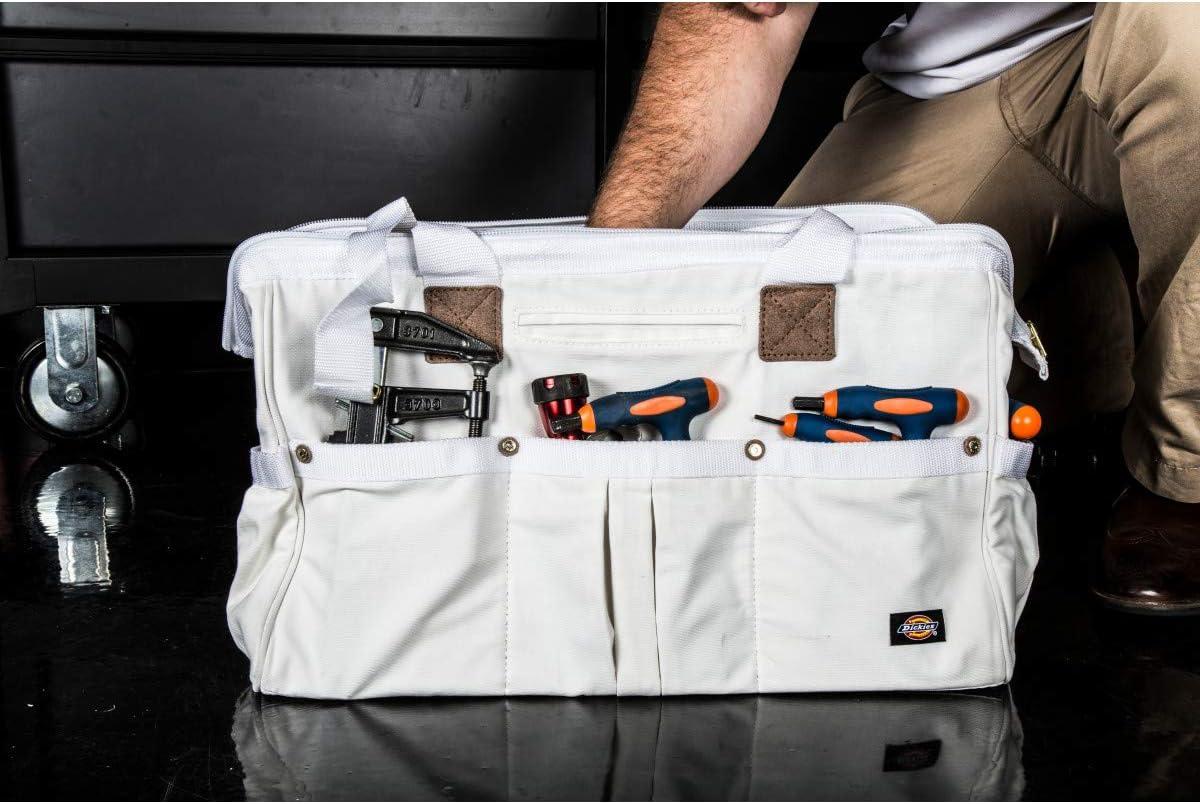 imageDickies 20Inch Durable Canvas Work Bag for Painters Carpenters and Builders HeavyDuty Zipper Reinforced Handles Exterior Pockets Shoulder Strap TanGreyWhite