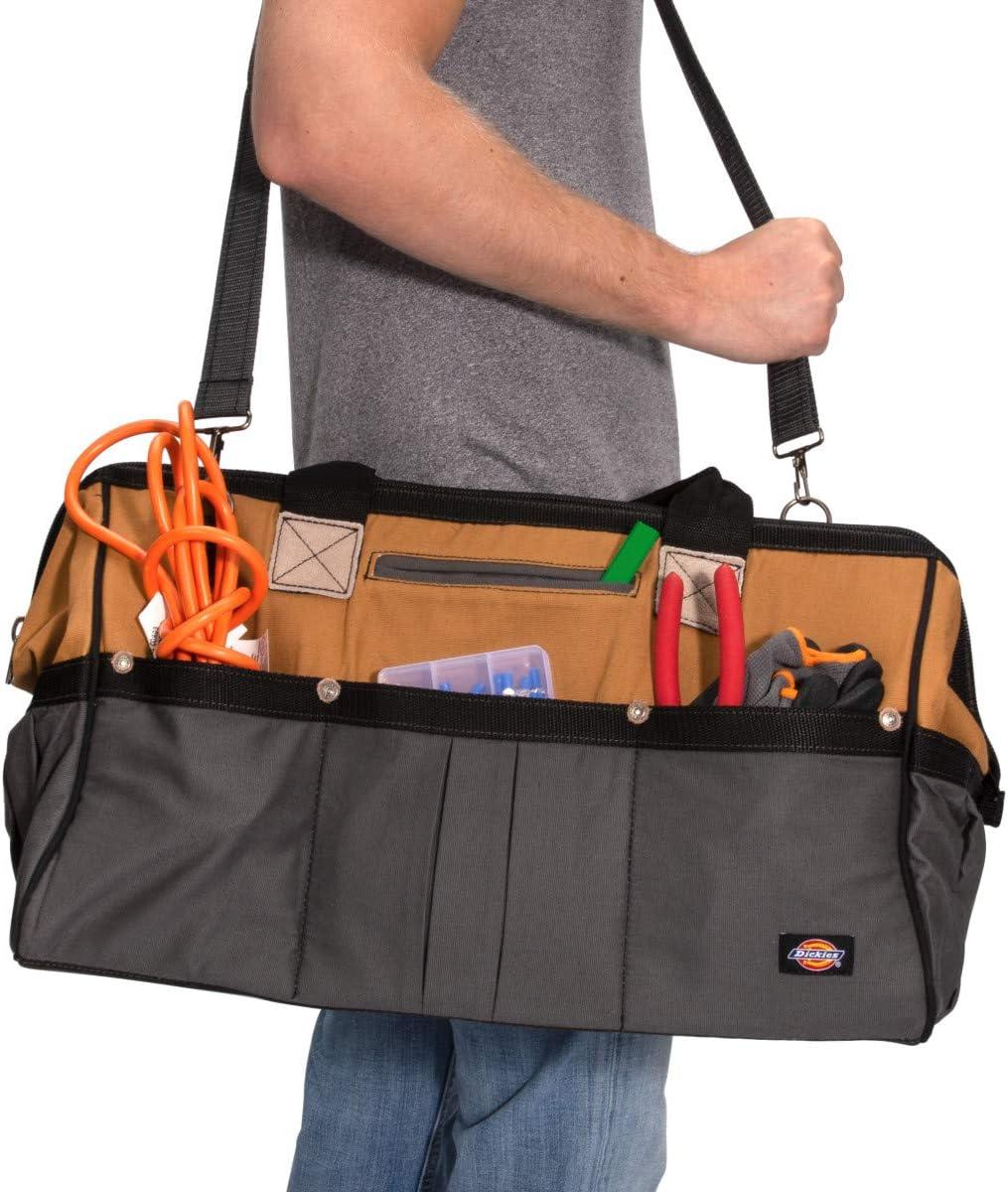 imageDickies 20Inch Durable Canvas Work Bag for Painters Carpenters and Builders HeavyDuty Zipper Reinforced Handles Exterior Pockets Shoulder Strap TanGreyTan