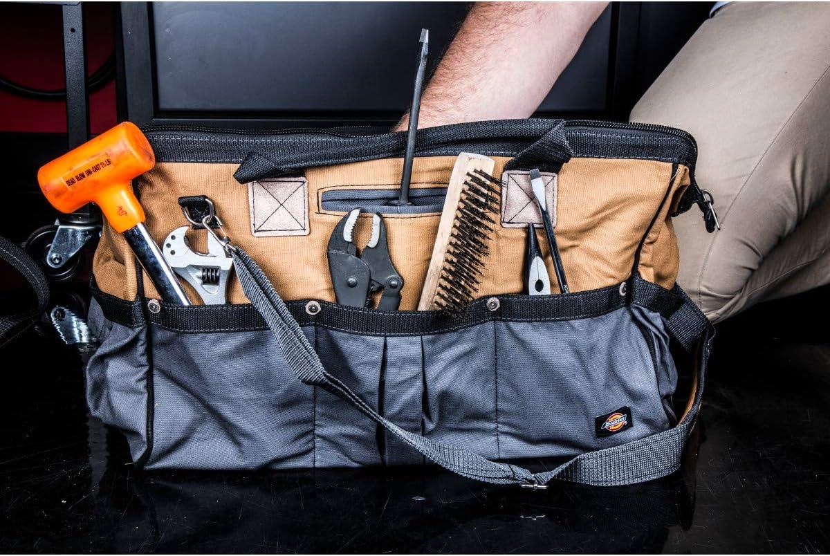 imageDickies 20Inch Durable Canvas Work Bag for Painters Carpenters and Builders HeavyDuty Zipper Reinforced Handles Exterior Pockets Shoulder Strap TanGreyTan