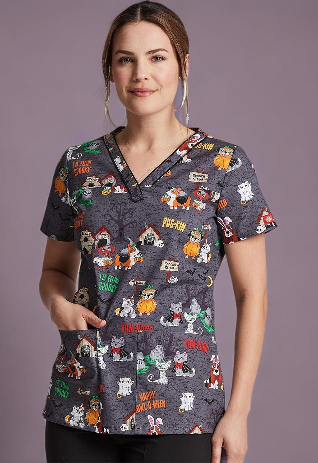 imageDickies EDS Women Scrubs Top VNeck Print DK876Howloween Friends