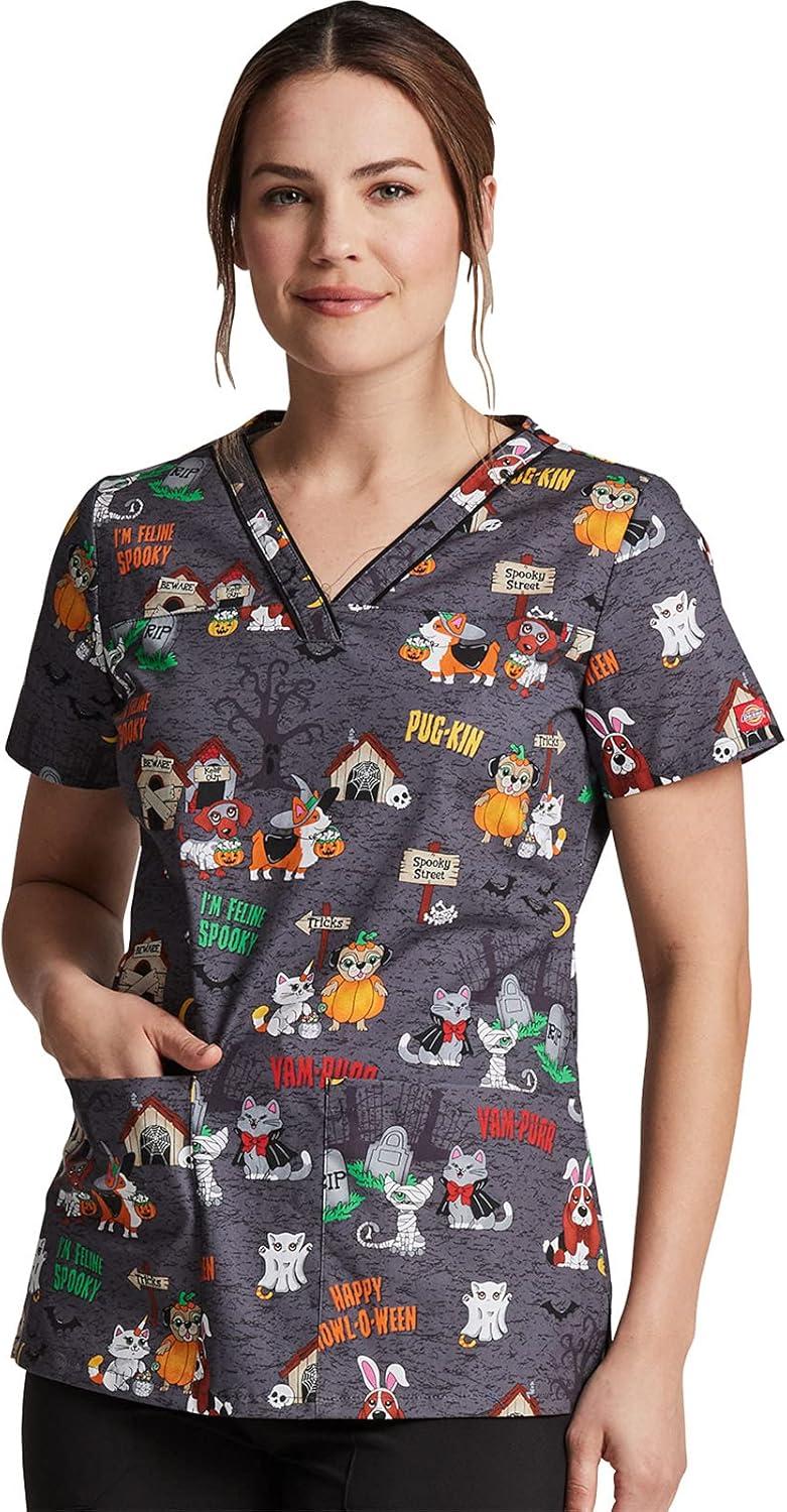 imageDickies EDS Women Scrubs Top VNeck Print DK876Howloween Friends