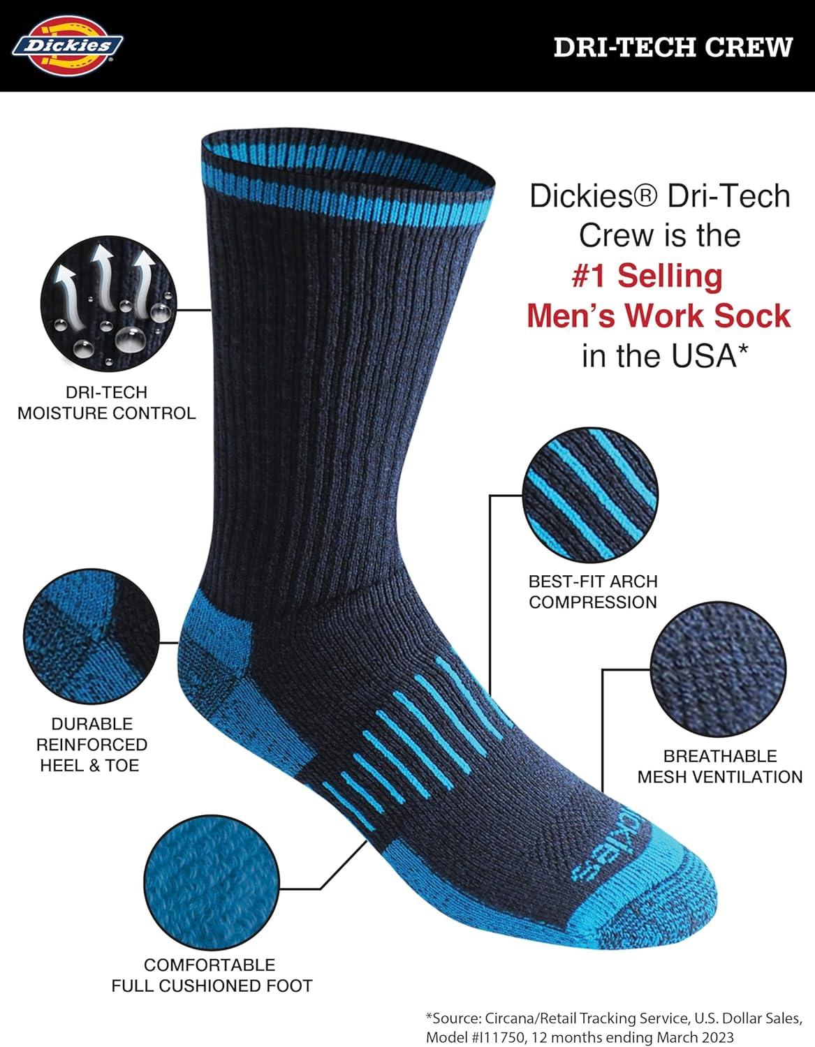 imageDickies Mens DriTech Original Moisture Control Crew Socks Available in MXXL 6 12 18 PairsBlack Bright 12 Pairs
