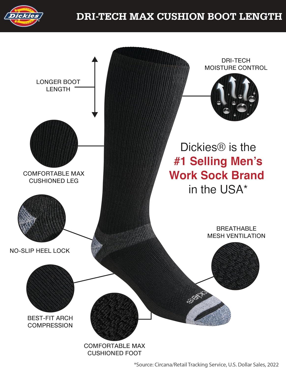 imageDickies Mens Dritech Moisture Control Max Full Cushion Crew Socks Available in MXL 6 12 PairsBoot Length Black 6 Pairs