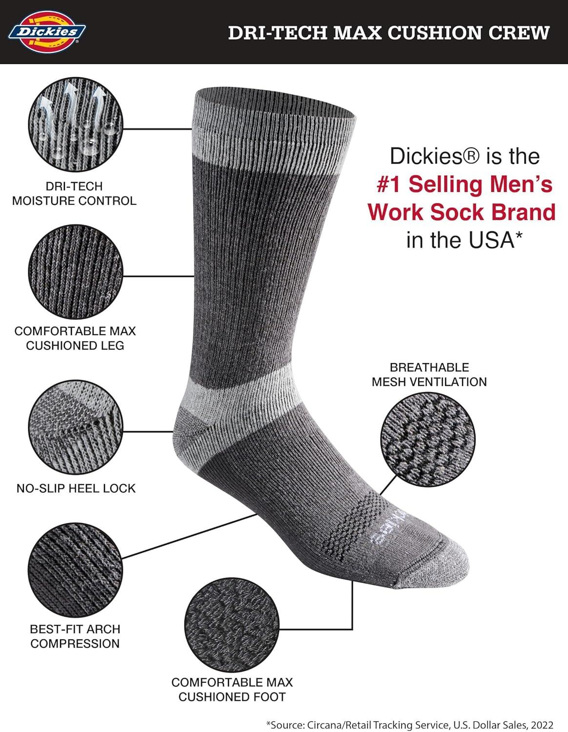 imageDickies Mens Dritech Moisture Control Max Full Cushion Crew Socks Available in MXL 6 12 PairsCharcoal 6 Pairs
