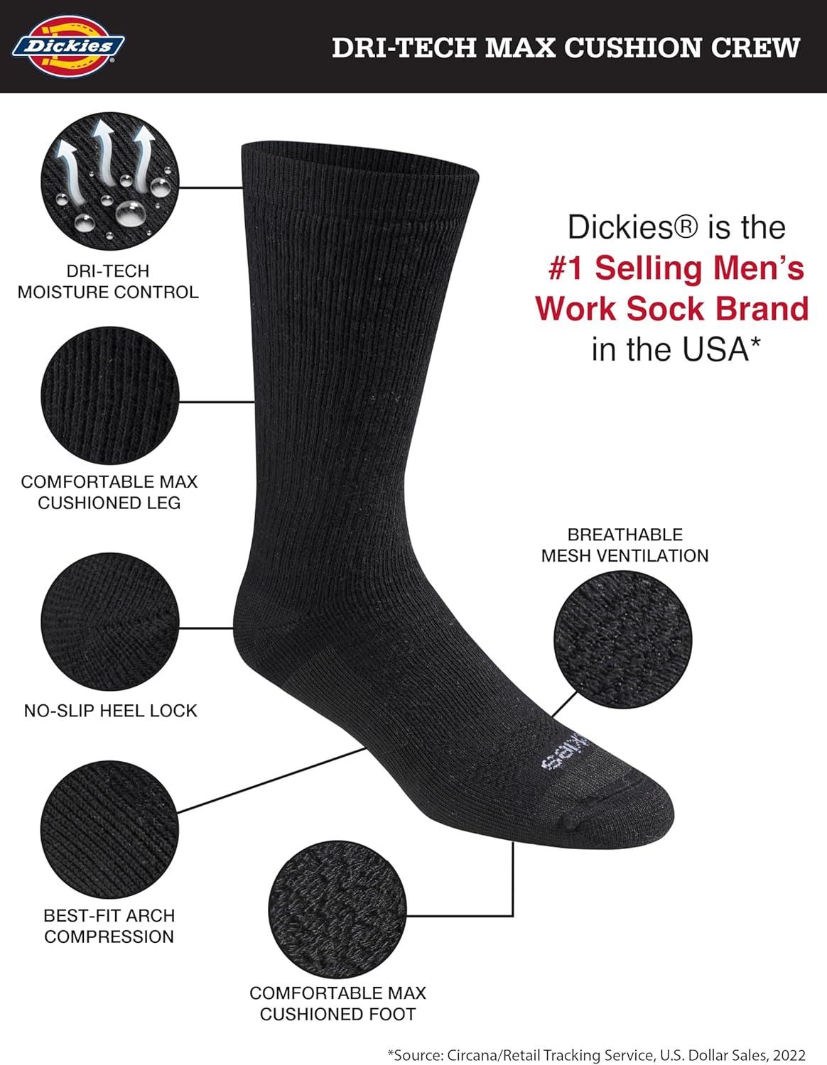 imageDickies Mens Dritech Moisture Control Max Full Cushion Crew Socks Available in MXL 6 12 PairsSolid Black 12 Pairs