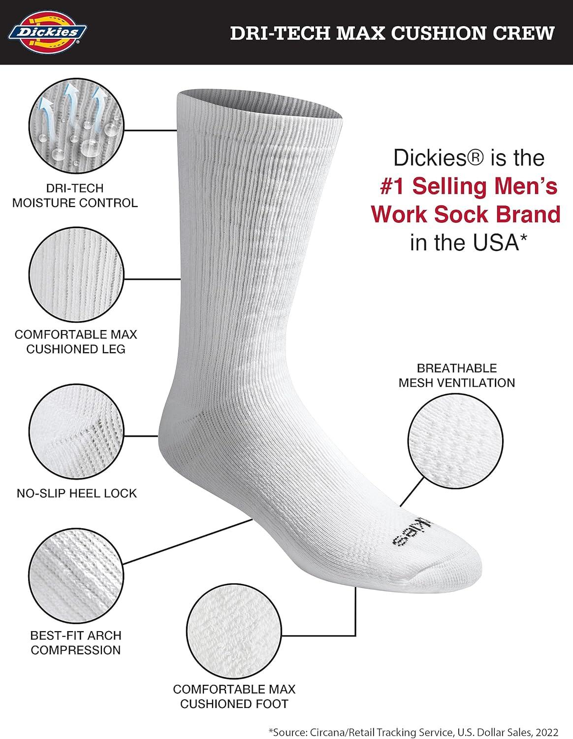 imageDickies Mens Dritech Moisture Control Max Full Cushion Crew Socks Available in MXL 6 12 PairsSolid White 6 Pairs