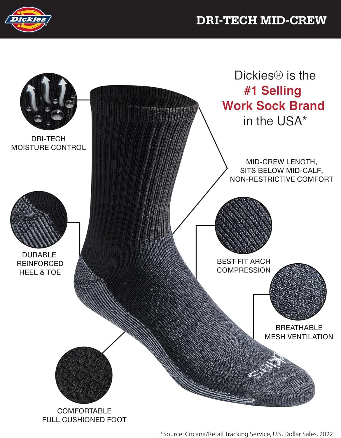 imageDickies Mens Dritech Moisture Control Midcrew Comfort Length Socks Available in Mxl 6 12 PairsComfort Length Black 12 Pairs