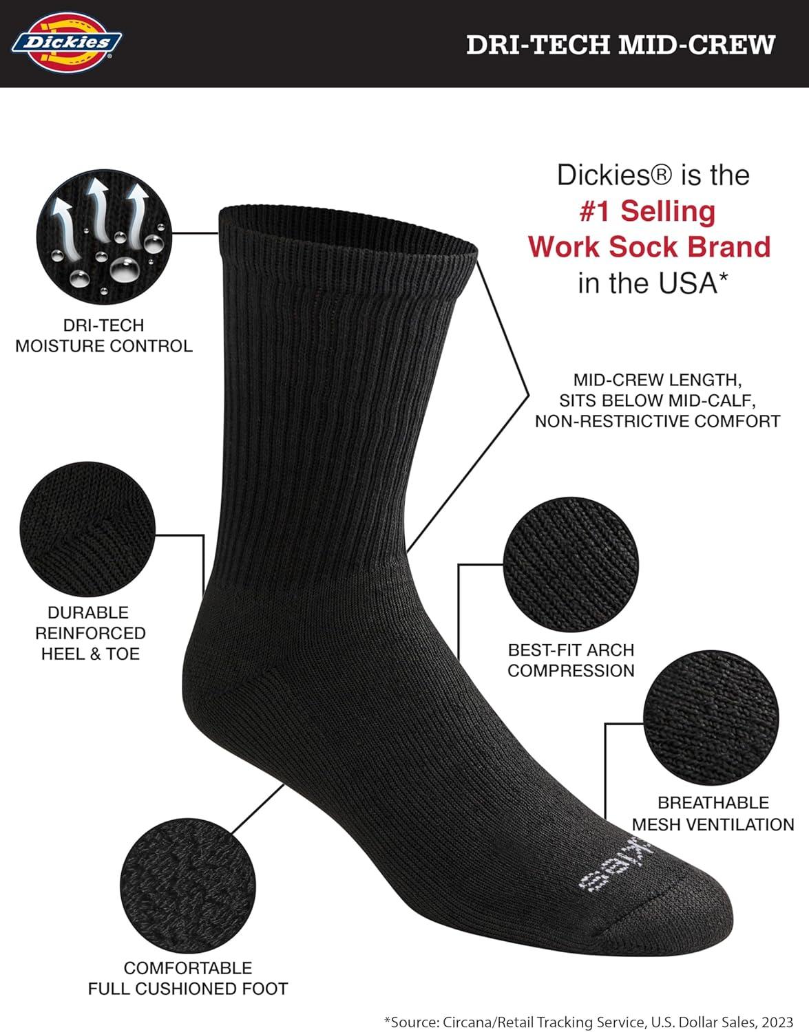 imageDickies Mens Dritech Moisture Control Midcrew Comfort Length Socks Available in Mxl 6 12 PairsComfort Length Black Solid 6 Pairs