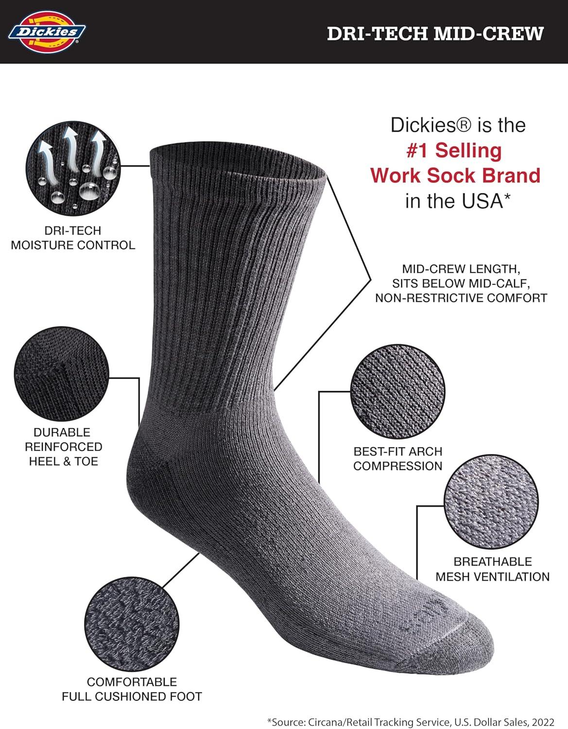 imageDickies Mens Dritech Moisture Control Midcrew Comfort Length Socks Available in Mxl 6 12 PairsComfort Length Charcoal 12 Pairs