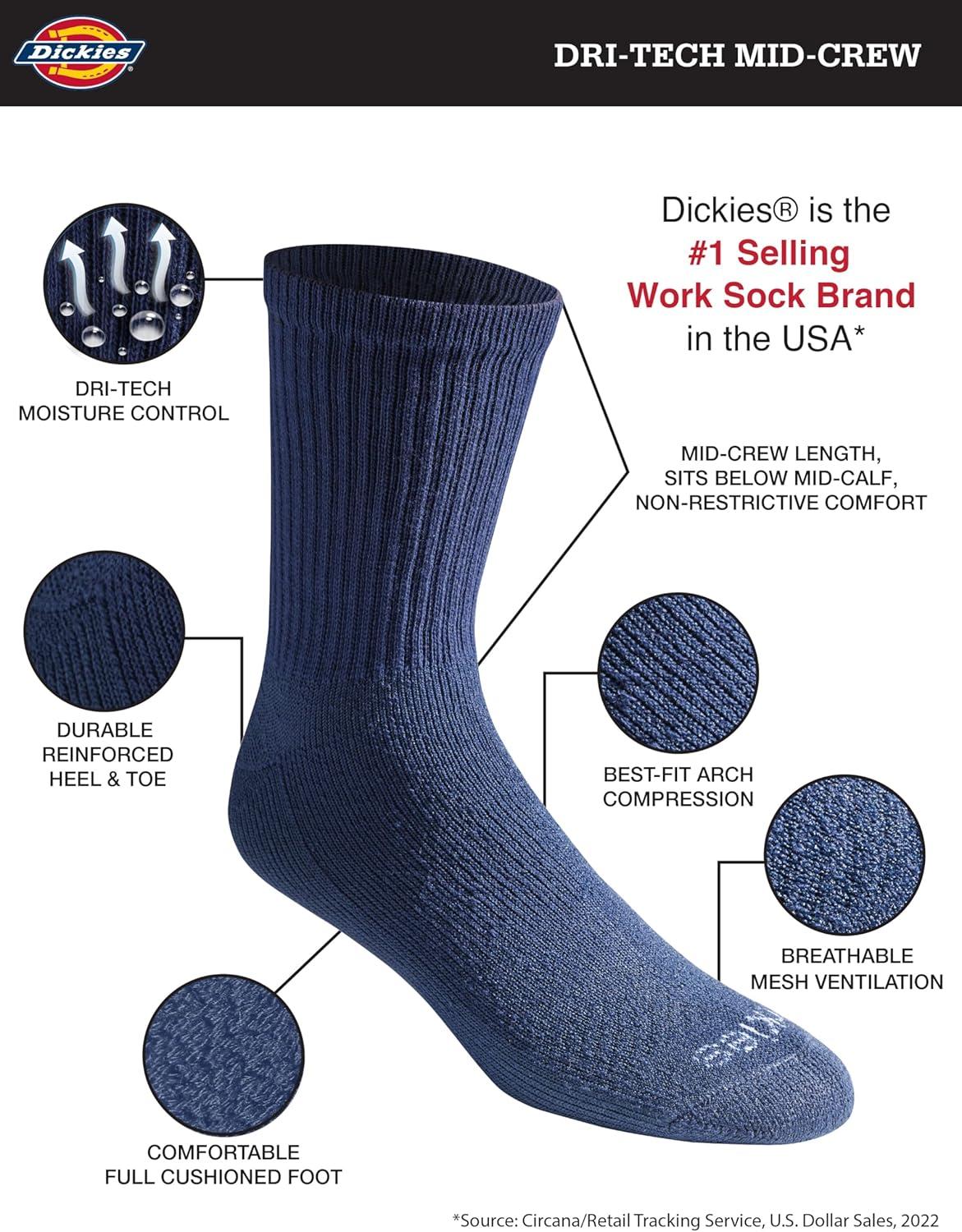 imageDickies Mens Dritech Moisture Control Midcrew Comfort Length Socks Available in Mxl 6 12 PairsComfort Length Navy 6 Pairs