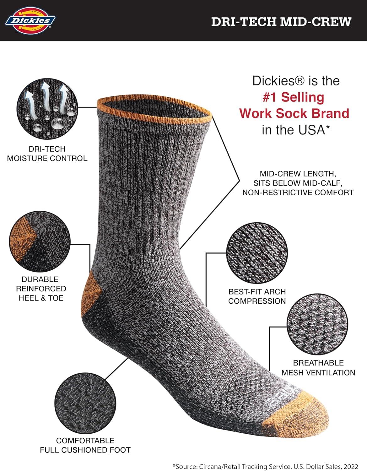 imageDickies Mens Dritech Moisture Control Midcrew Comfort Length Socks Available in Mxl 6 12 PairsComfort Length Tipped 6 Pairs
