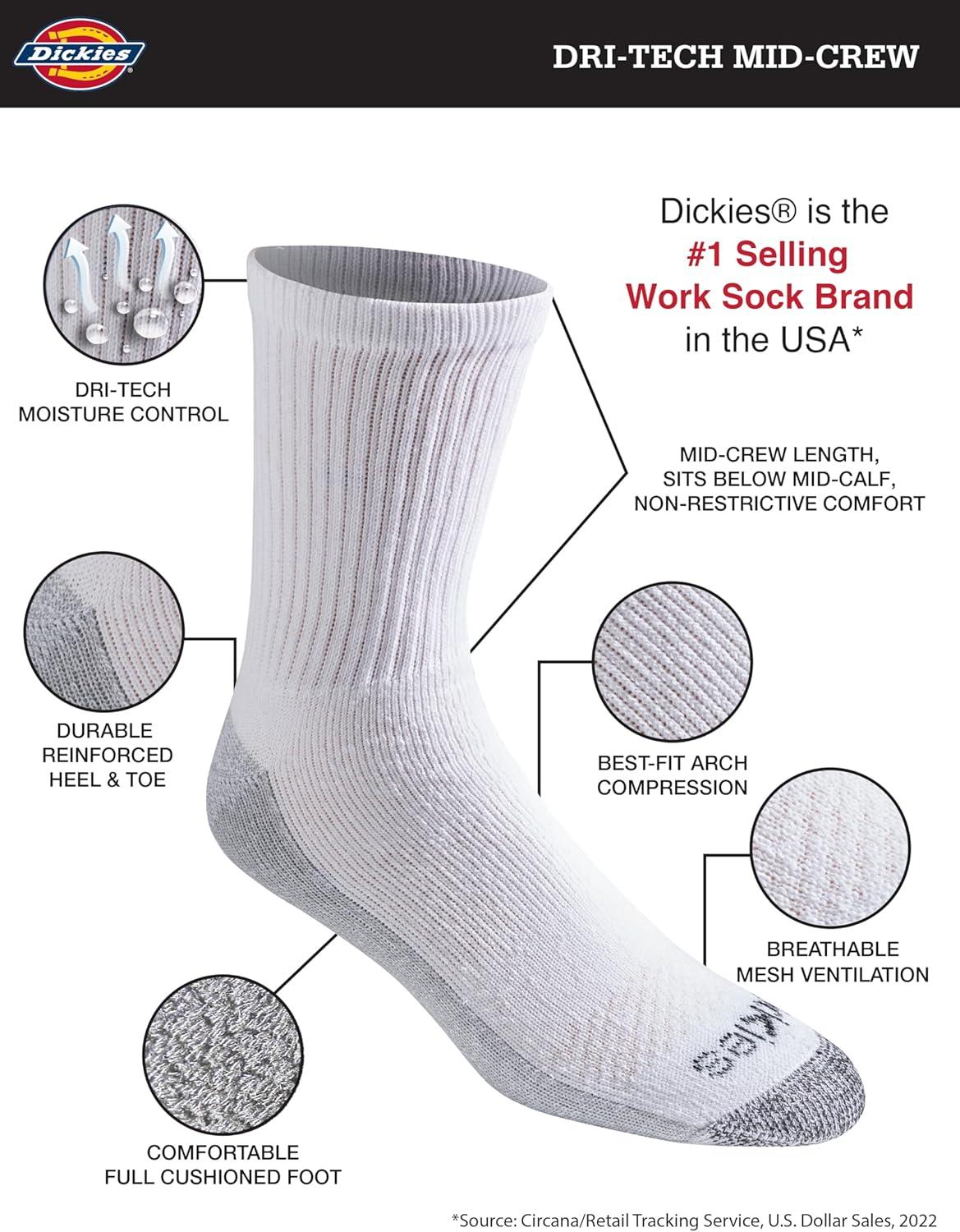 imageDickies Mens Dritech Moisture Control Midcrew Comfort Length Socks Available in Mxl 6 12 PairsComfort Length White 6 Pairs