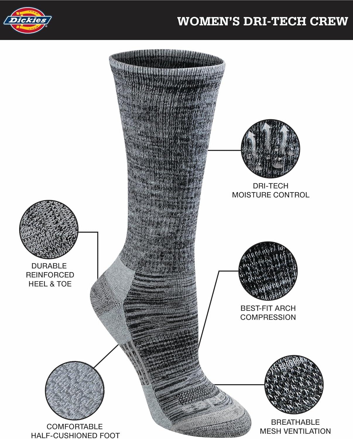 imageDickies Womens Dritech Fashion Moisture Control Crew Socks Available in SXL 5 6 12 PairsBlack Heathered 12 Pairs