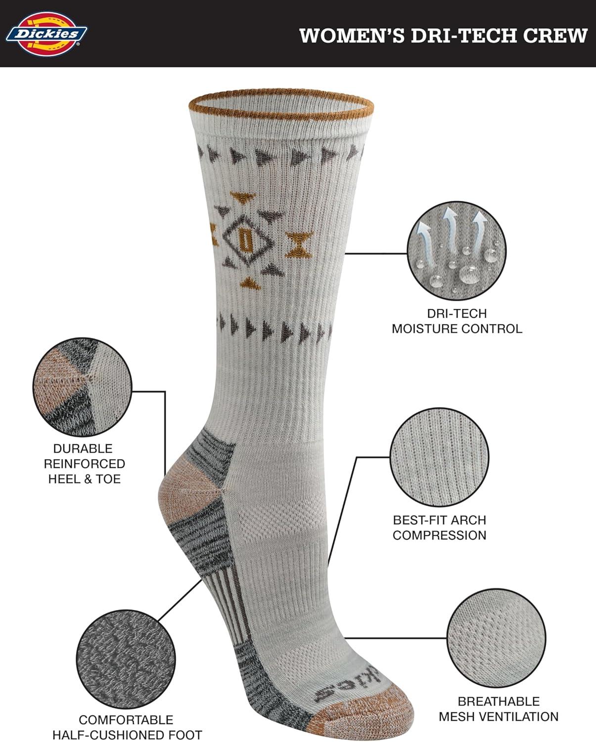 imageDickies Womens Dritech Fashion Moisture Control Crew Socks Available in SXL 5 6 12 PairsGrey Tribal 6 Pairs