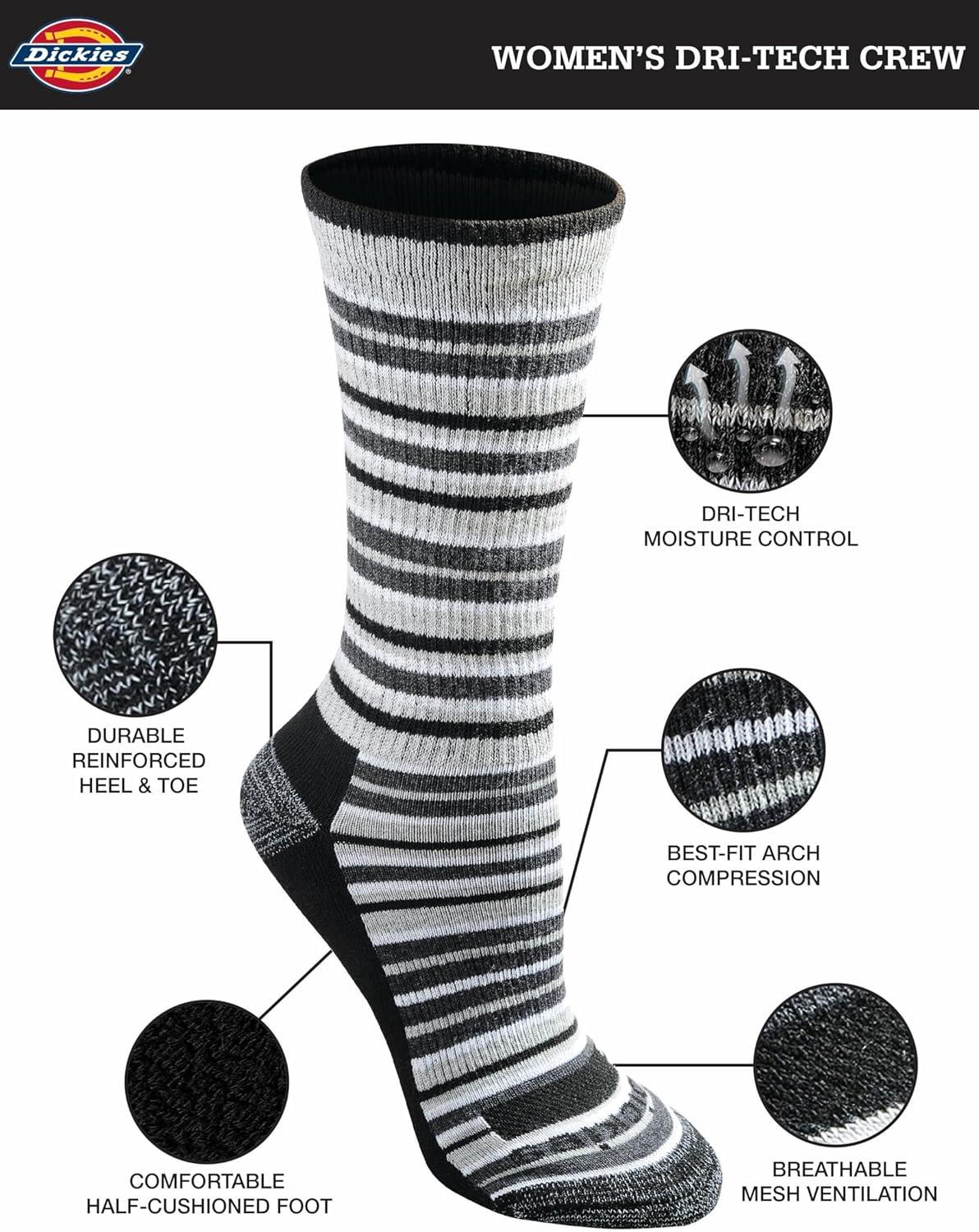 imageDickies Womens Dritech Fashion Moisture Control Crew Socks Available in SXL 5 6 12 PairsStripe 6 Pairs