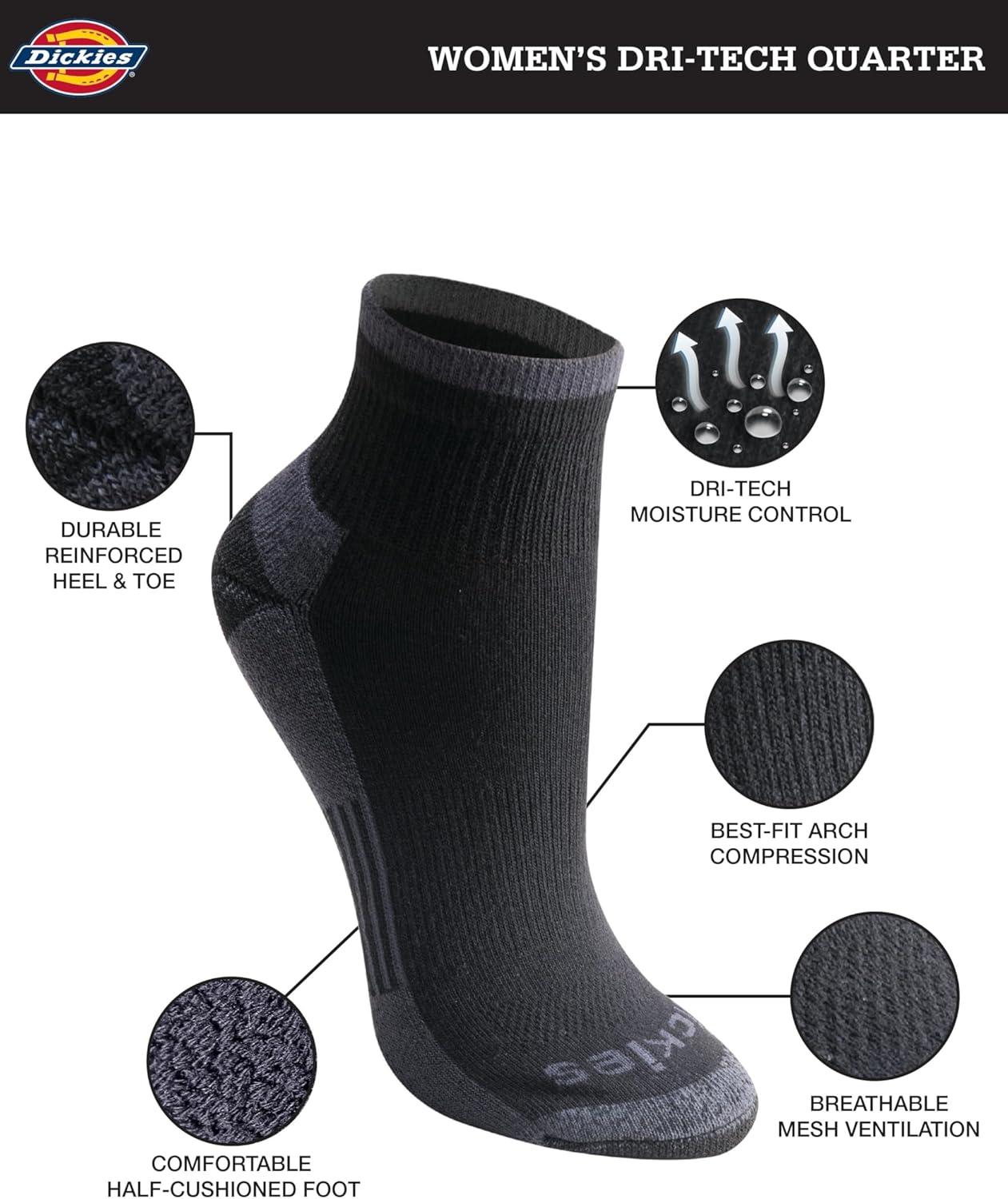 imageDickies Womens Dritech Moisture Wicking Quarter Socks Available in Ml 6 12 PairsBlack Assorted 12 Pairs