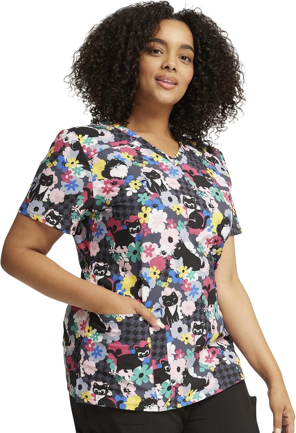 imageDickies Womens Scrub Top Printed VNeck Medical Top with 2 Pockets Snap Tab ampamp Instrument Loops  DK616Furever Floral