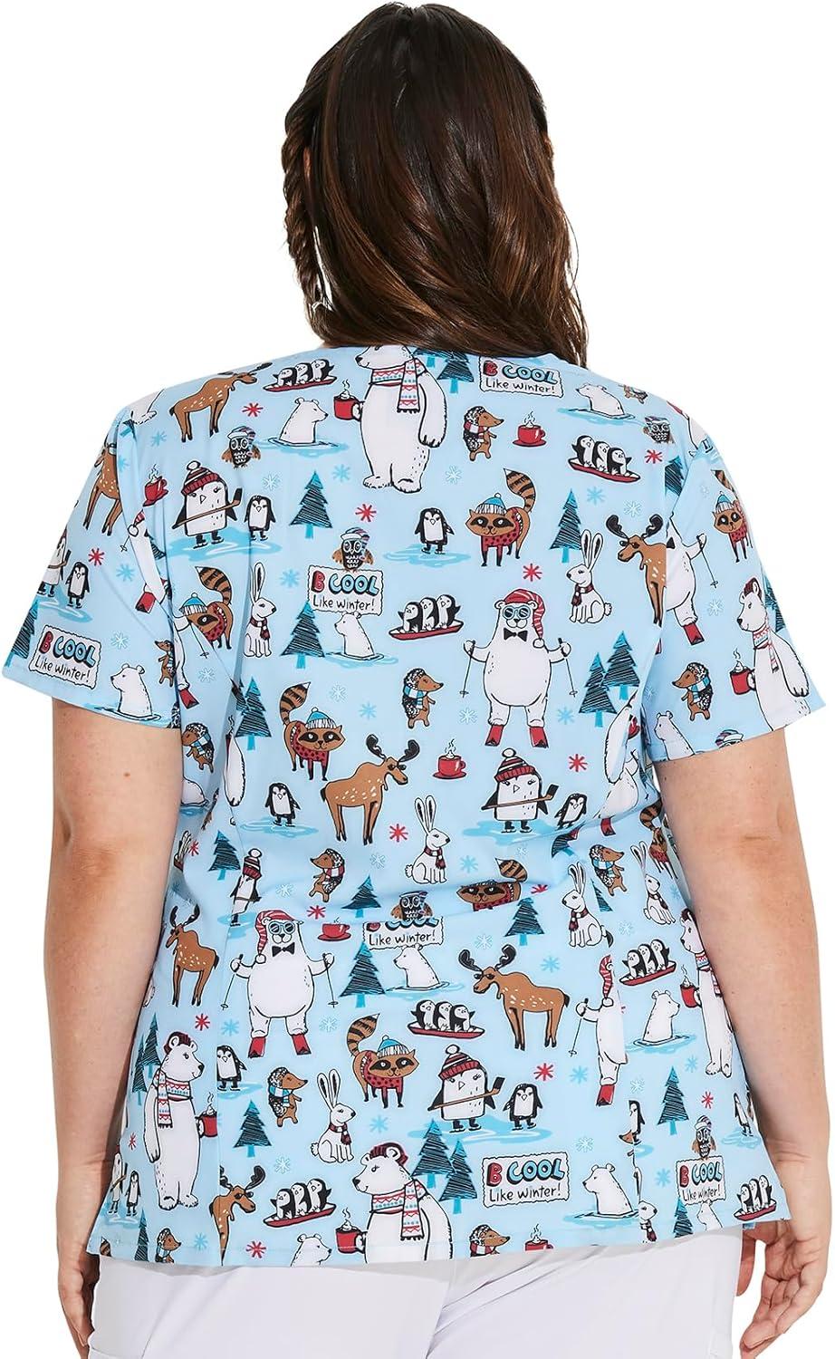 imageDickies Womens Scrub Top Printed VNeck Medical Top with 2 Pockets Snap Tab ampamp Instrument Loops  DK616Wild About Winter