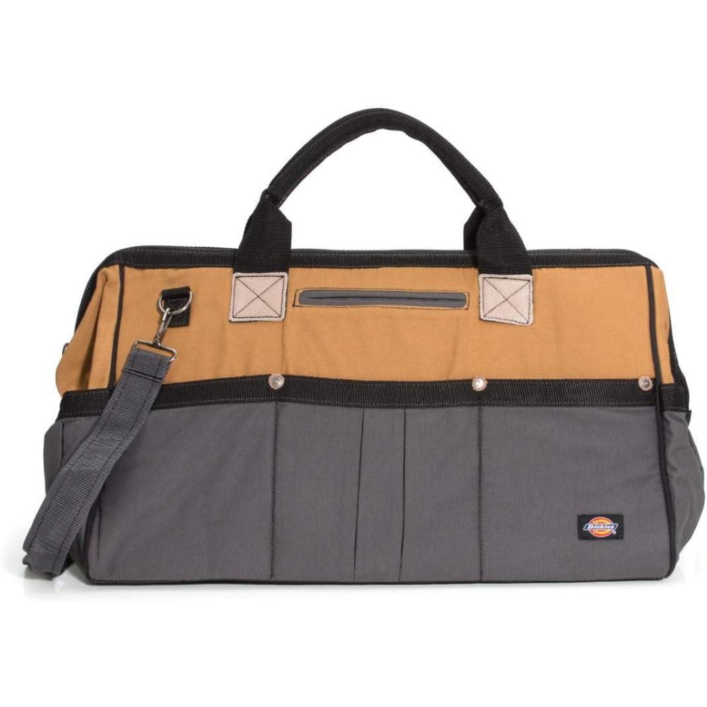 imageDickies 20Inch Durable Canvas Work Bag for Painters Carpenters and Builders HeavyDuty Zipper Reinforced Handles Exterior Pockets Shoulder Strap TanGreyTan