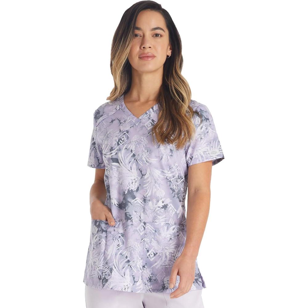 imageDickies Womens Scrub Top Printed VNeck Medical Top with 2 Pockets Snap Tab ampamp Instrument Loops  DK616Tropic Distress