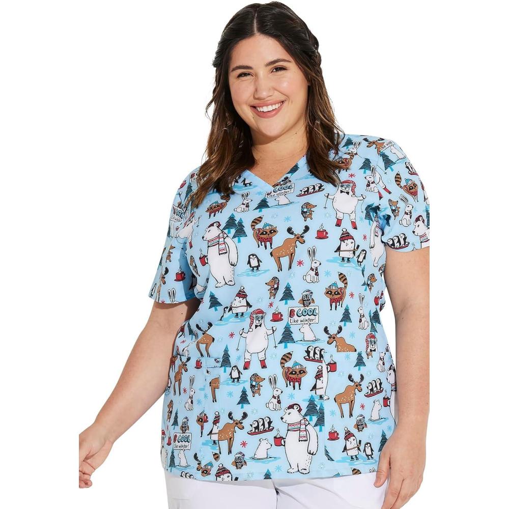 imageDickies Womens Scrub Top Printed VNeck Medical Top with 2 Pockets Snap Tab ampamp Instrument Loops  DK616Wild About Winter