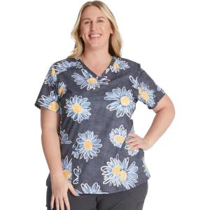 imageDickies Womens Scrub Top Printed VNeck Medical Top with 2 Pockets Snap Tab ampamp Instrument Loops  DK616Sunflower Doodle